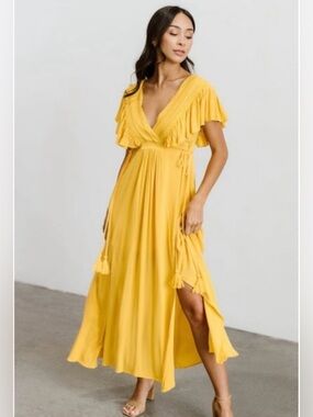 Baltic Born Jennifer Maxi Dress Mustard Yellow Boho Flutter Sleeve Tassel Fall S